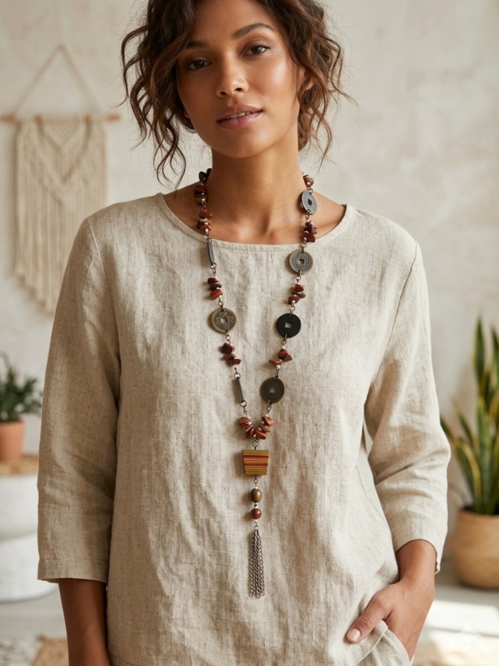 Vintage Chinese Coin, Jasper, and Wood Tone Bohemian Necklace